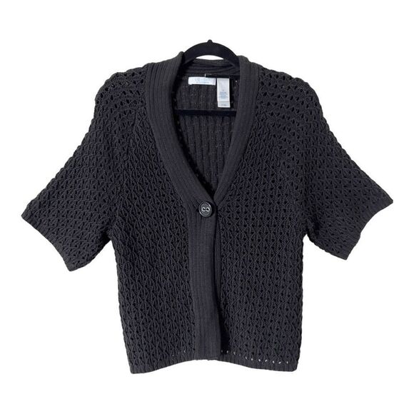 Liz Wear By Liz Claiborne Short Sleeve Black Open Knit Cardigan Sweater - Picture 1 of 5